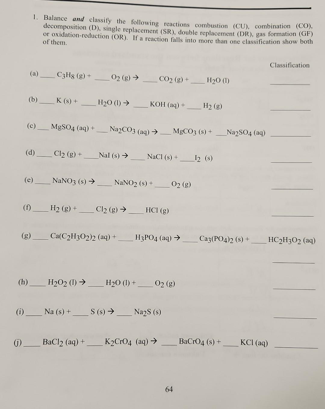 Solved 1. Balance and classify the following reactions | Chegg.com