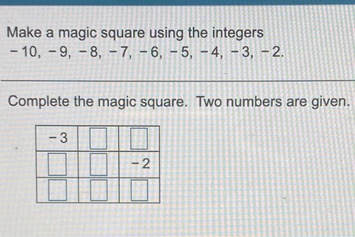 Solved Make a magic square using the integers - 10, -9, -8, | Chegg.com