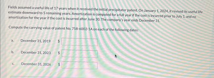 Fields assumed a useful life of 17 years when it received the initial precipitator patent. On January 1,2024 , it revised its