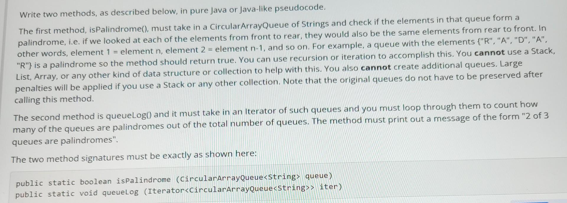Solved = Write two methods, as described below, in pure Java | Chegg.com