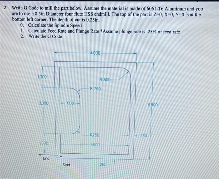 Solved 2. Write G Code to mill the part below. Assume the | Chegg.com