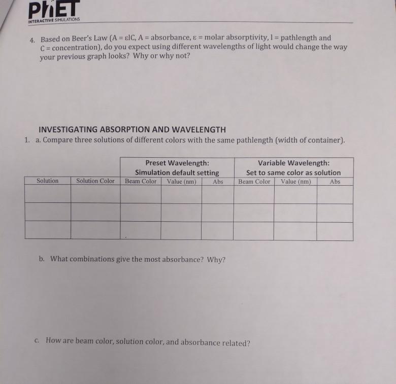 A 3 paged lab over the Beer's Law screen. Its a quick