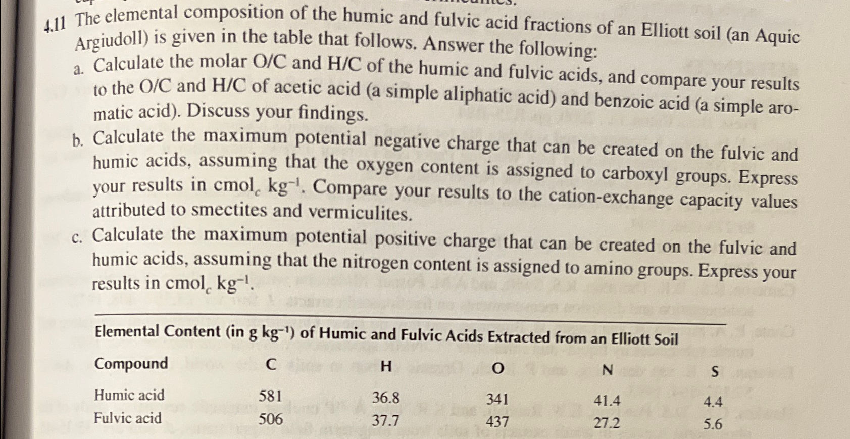 Solved 4.11 ﻿The elemental composition of the humic and | Chegg.com