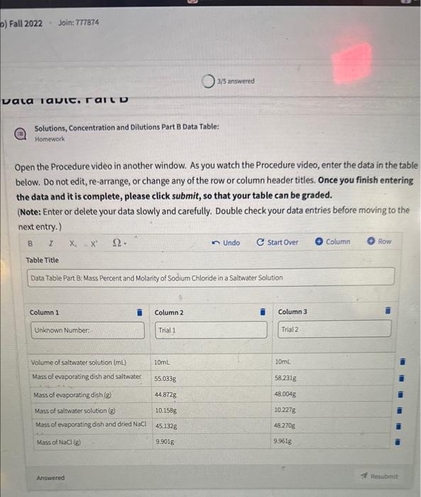 Solutions, Concentration and Dilutions Part B Results