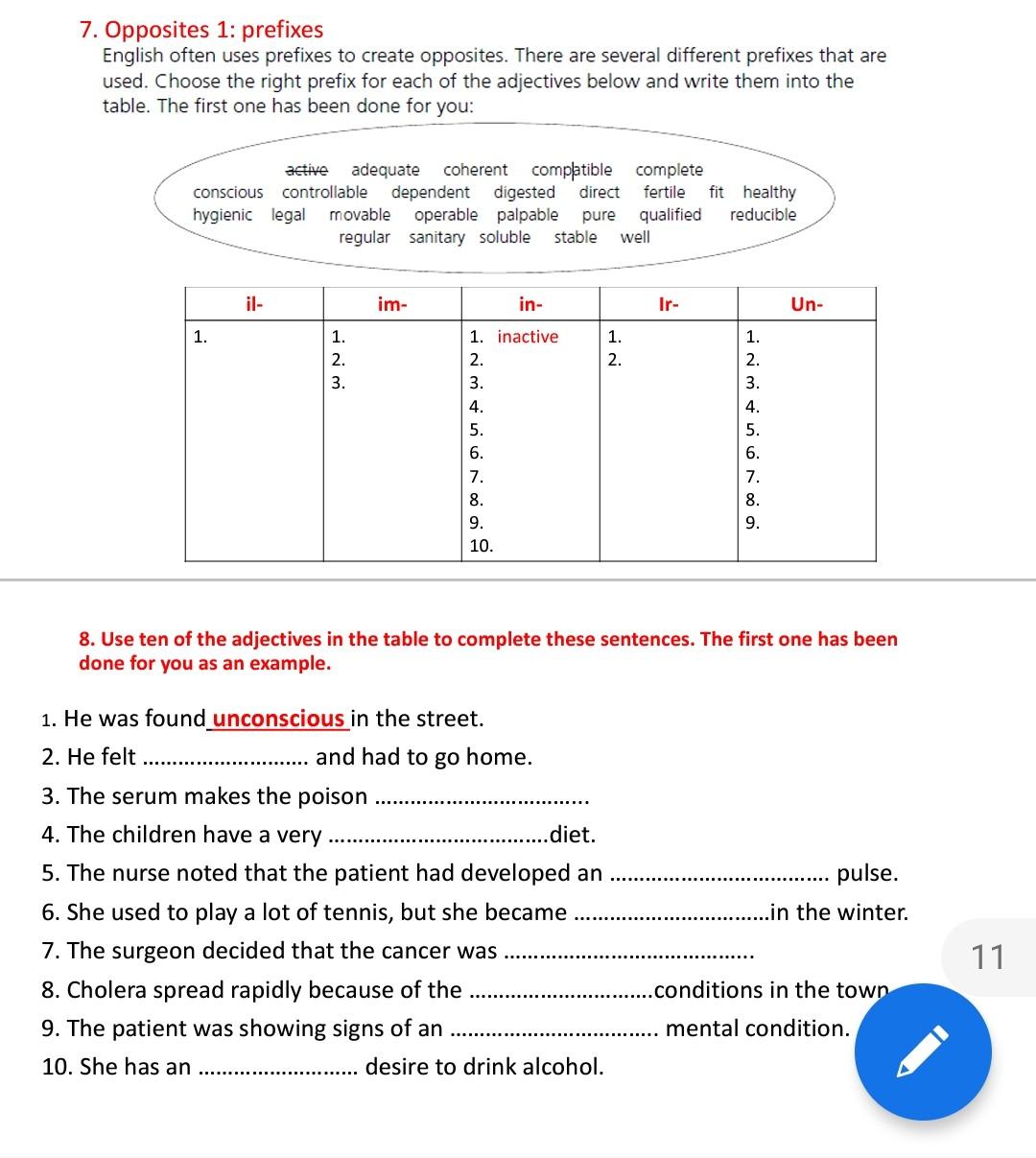 Solved 7. Opposites 1: prefixes English often uses prefixes | Chegg.com