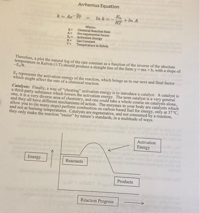 Solved Arrhenius Equation k = Ae- In k= E. +In A RT k= AR E, | Chegg.com