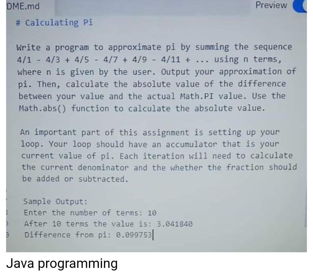 Solved Preview DME.md # Calculating Pi Write a program to | Chegg.com