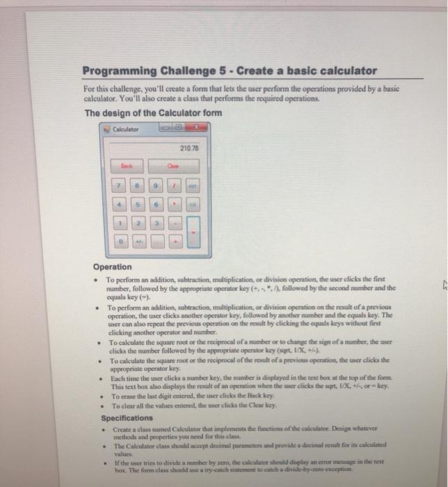 Programming Challenge 5 - Create a basic calculator | Chegg.com