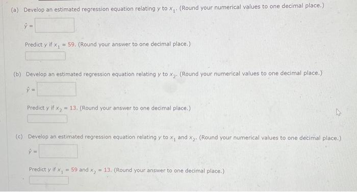 Develop an estimated regression equation relating \( y \) to \( x_{1} \). (Round your numerical values to one decimal place.)