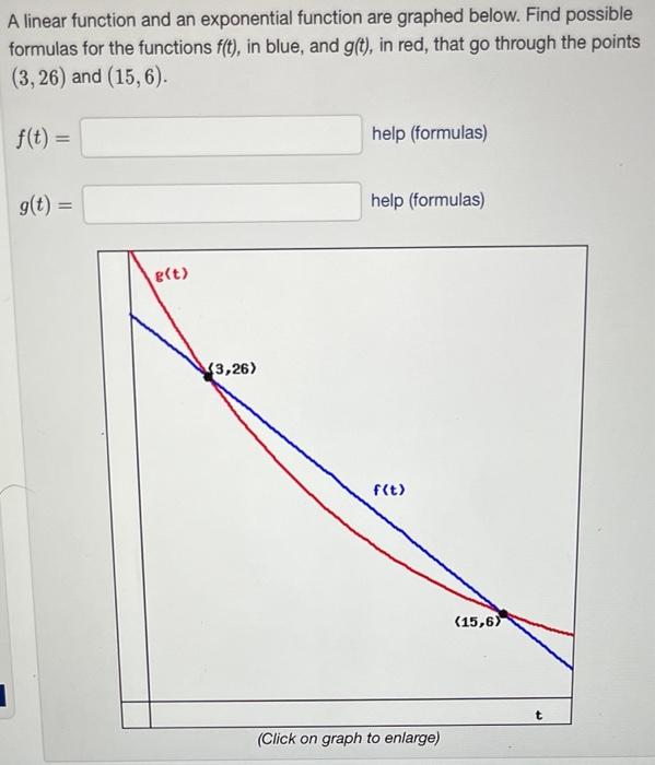 A linear function and an exponential function are graphed below. Find possible formulas for the functions \( \mathrm{f}(\math