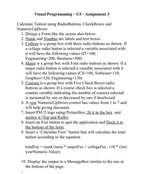 Solved Visual Programming - C# - Assignment 3 Calculate | Chegg.com