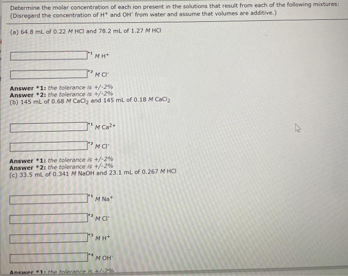 Solved Determine the molar concentration of each ion present | Chegg.com