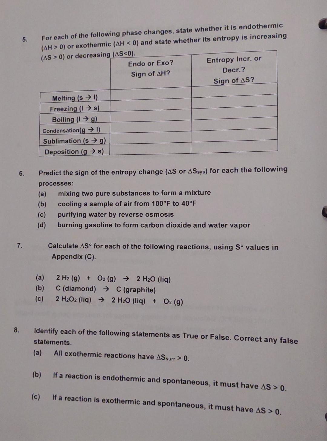 Solved 5. For each of the following phase changes, state | Chegg.com