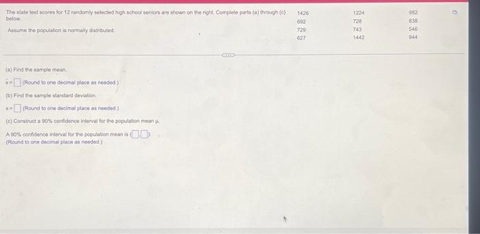 Solved The slate test scores for 12 randomy selected high | Chegg.com