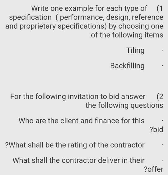 Solved Write one example for each type of (1 specification | Chegg.com
