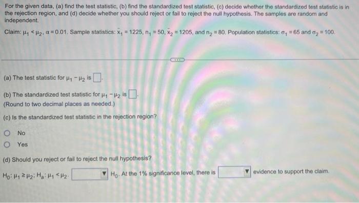 Solved For The Given Data, (a) Find The Test Statistic, (b) | Chegg.com