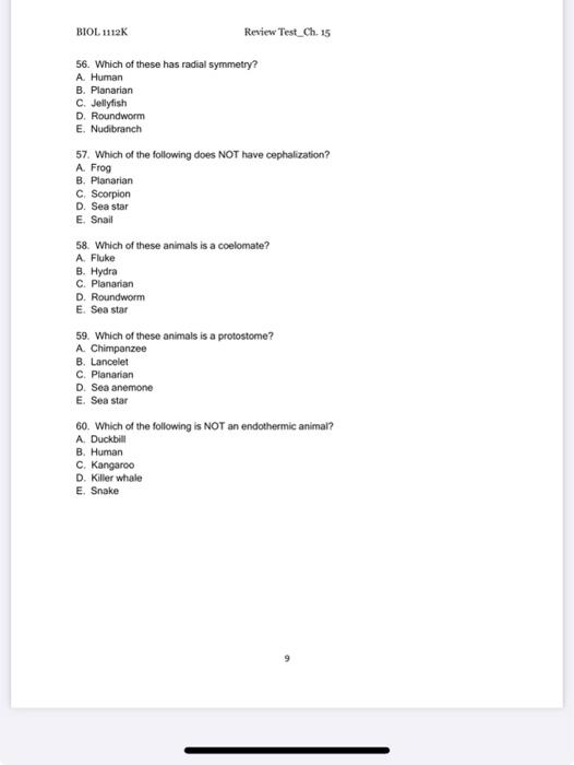 Solved 56. Which of these has radial symmetry? A. Human B.