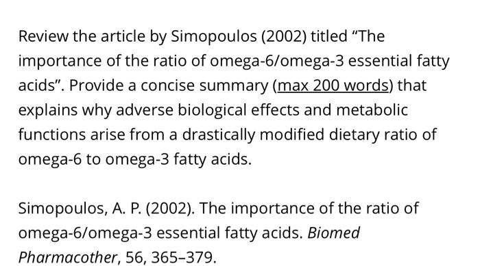 Solved Review the article by Simopoulos 2002 titled