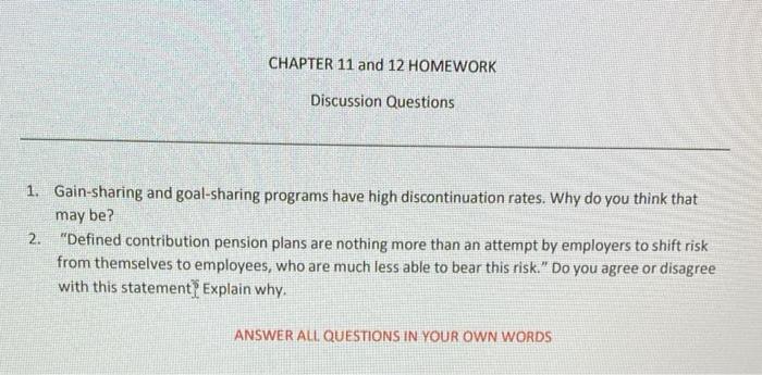 Solved CHAPTER 11 and 12 HOMEWORK Discussion Questions 1. | Chegg.com