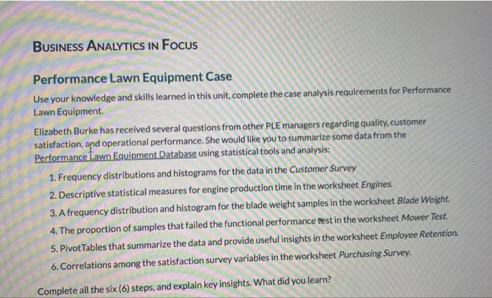 Solved BUSINESS ANALYTICS IN FOCUS Performance Lawn | Chegg.com