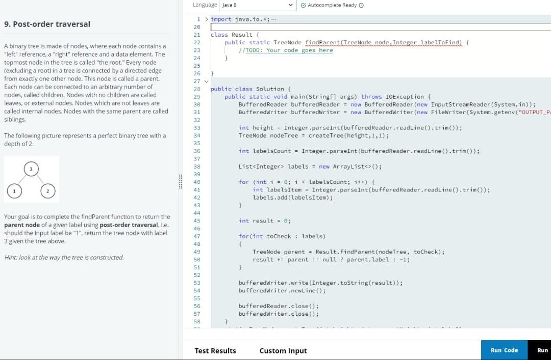 Solved Language Java 8 Autocomplete Ready 9. Post-order | Chegg.com