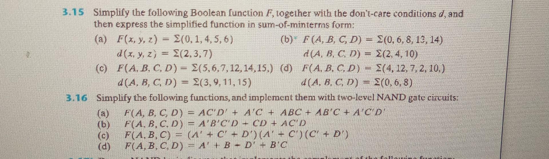 Solved 3.15 Simplify The Following Boolean Function F, | Chegg.com