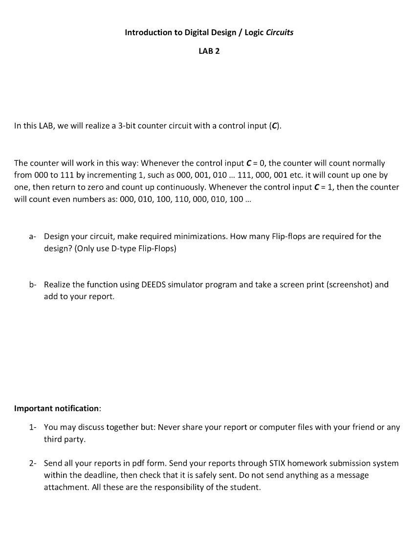 Introduction to Digital Design / Logic Circuits LAB 2 | Chegg.com