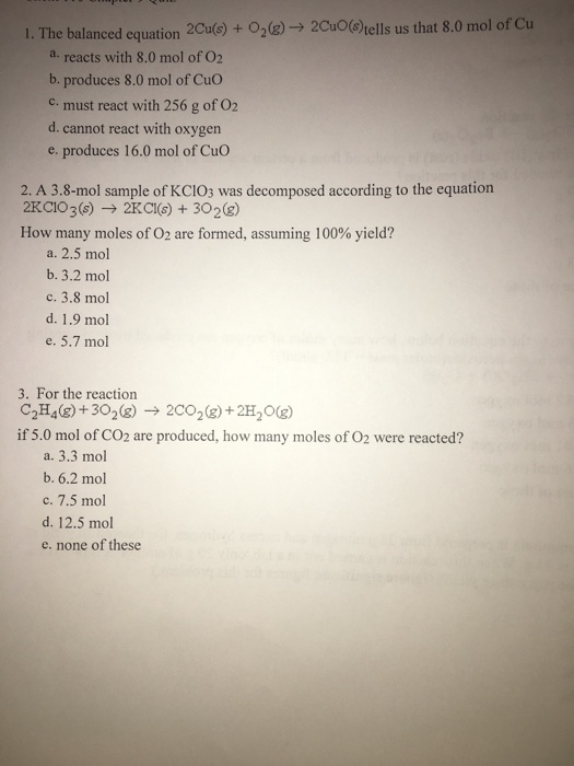 Solved 1. The balanced equation 2Cu(s) + O2(e) → 2Cuo(s) | Chegg.com