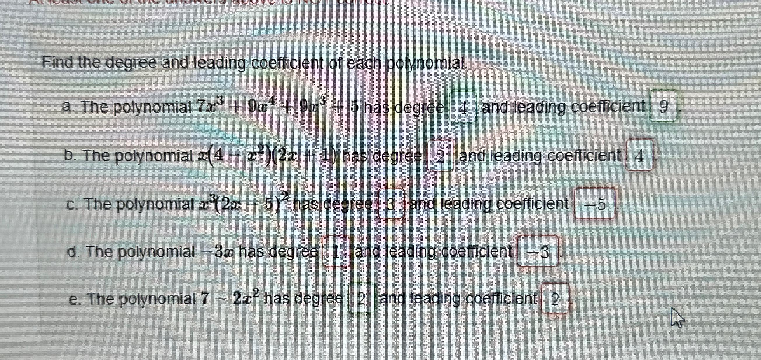 Solved Find the degree and leading coefficient of each | Chegg.com