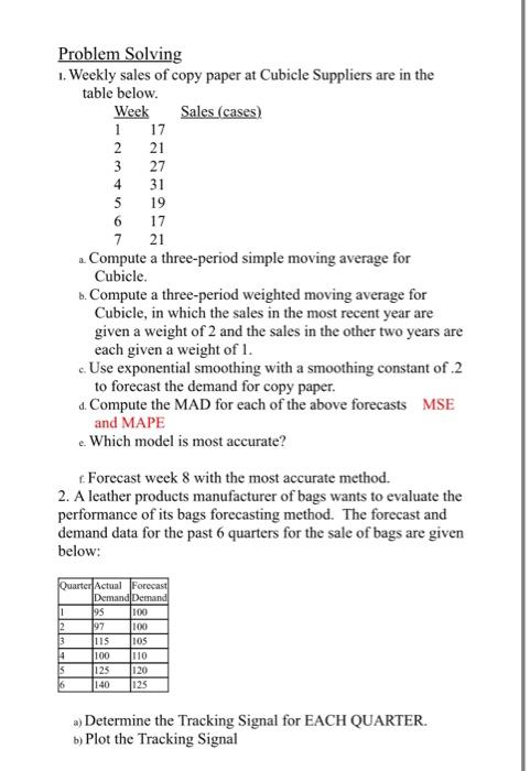 Solved Problem Solving 1. Weekly sales of copy paper at | Chegg.com