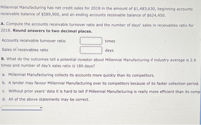 Solved Millennial Manufacturing Has Net Credit Sales For Chegg