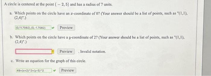 Solved A circle is centered at the point (- 2, 5) and has a | Chegg.com
