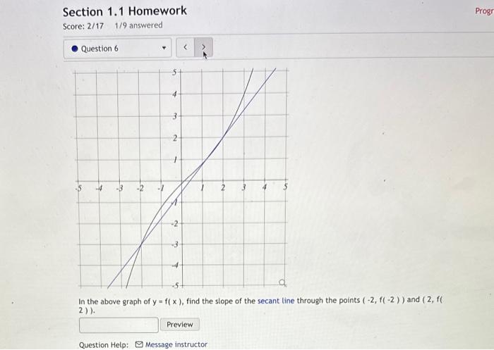 Section \( 1.1 \) Homework
Score: \( 2 / 17 \quad 1 / 9 \) answered
In the above graph of \( y=f(x) \), find the slope of the