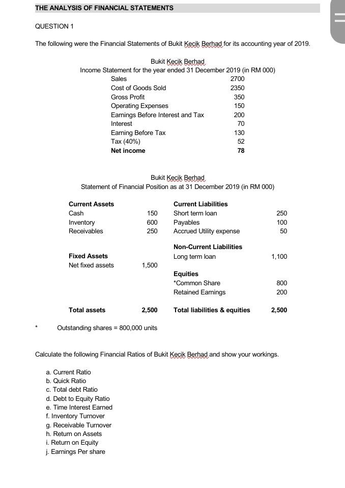 Solved THE ANALYSIS OF FINANCIAL STATEMENTS QUESTION 1 The | Chegg.com