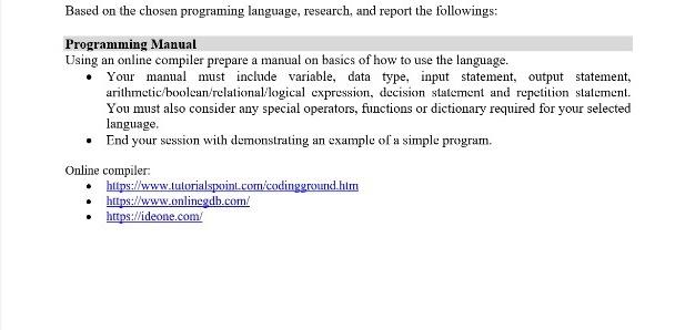 Programming Manual Using an online compiler prepare a | Chegg.com