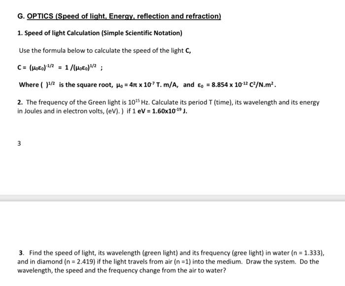 Solved G. OPTICS (Speed of light, Energy, reflection and