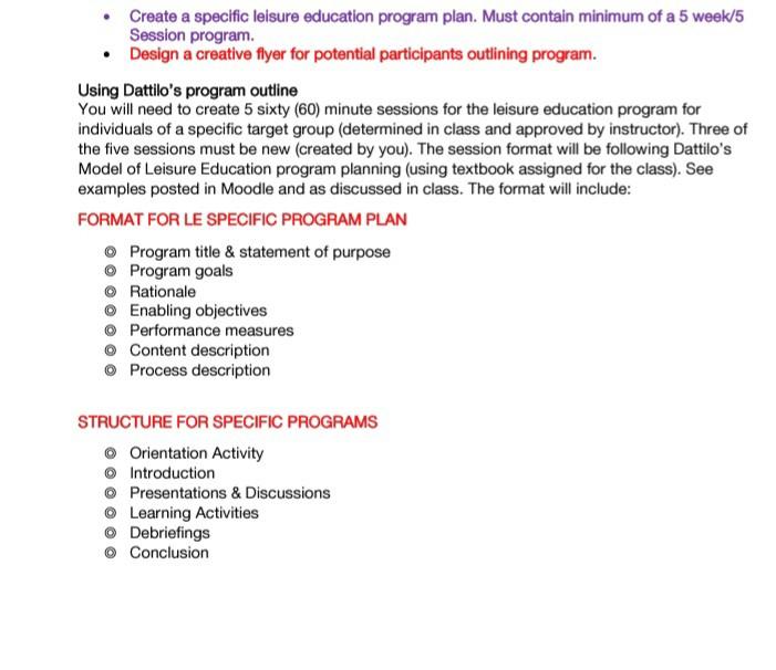  Create a specific leisure education program plan.