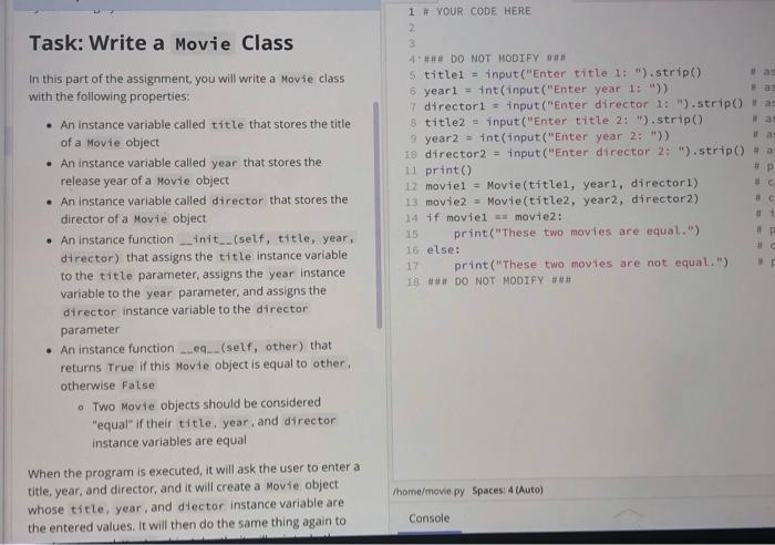 Solved Task: Write a Movie Class בה Ifa 1 # YOUR CODE HERE Z | Chegg.com