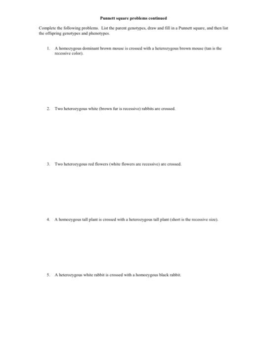 Solved Punnett square worksheet Complete the following | Chegg.com