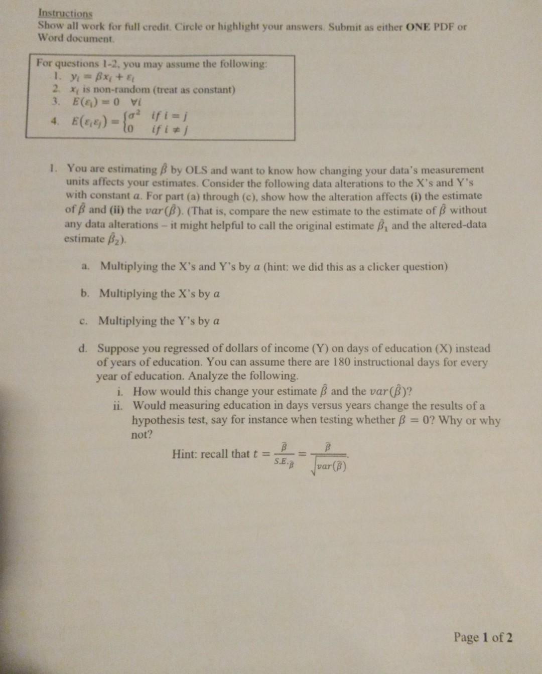 Solved Instructions Show All Work For Full Credit. Circle Or | Chegg.com