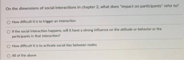 Solved On The Dimensions Of Social Interactions In Chapter | Chegg.com