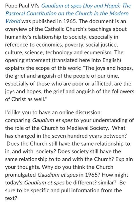 Gaudium Et Spes (Joy and Hope) – Man's Activity in the Universe/ Role of  the Church in the Modern World – Holy Trinity Catholic Church