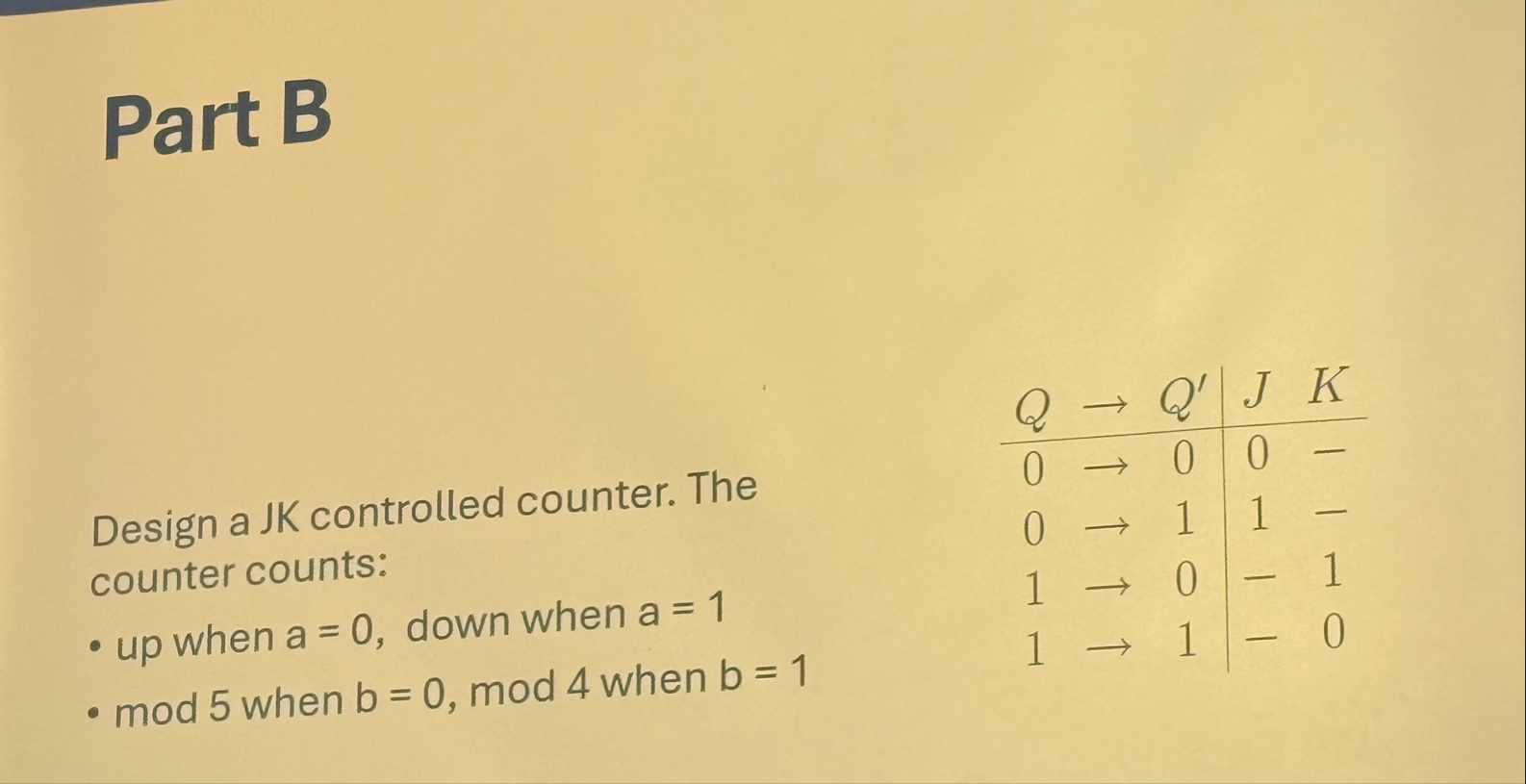 Solved Part BDesign a JK controlled counter. The counter | Chegg.com