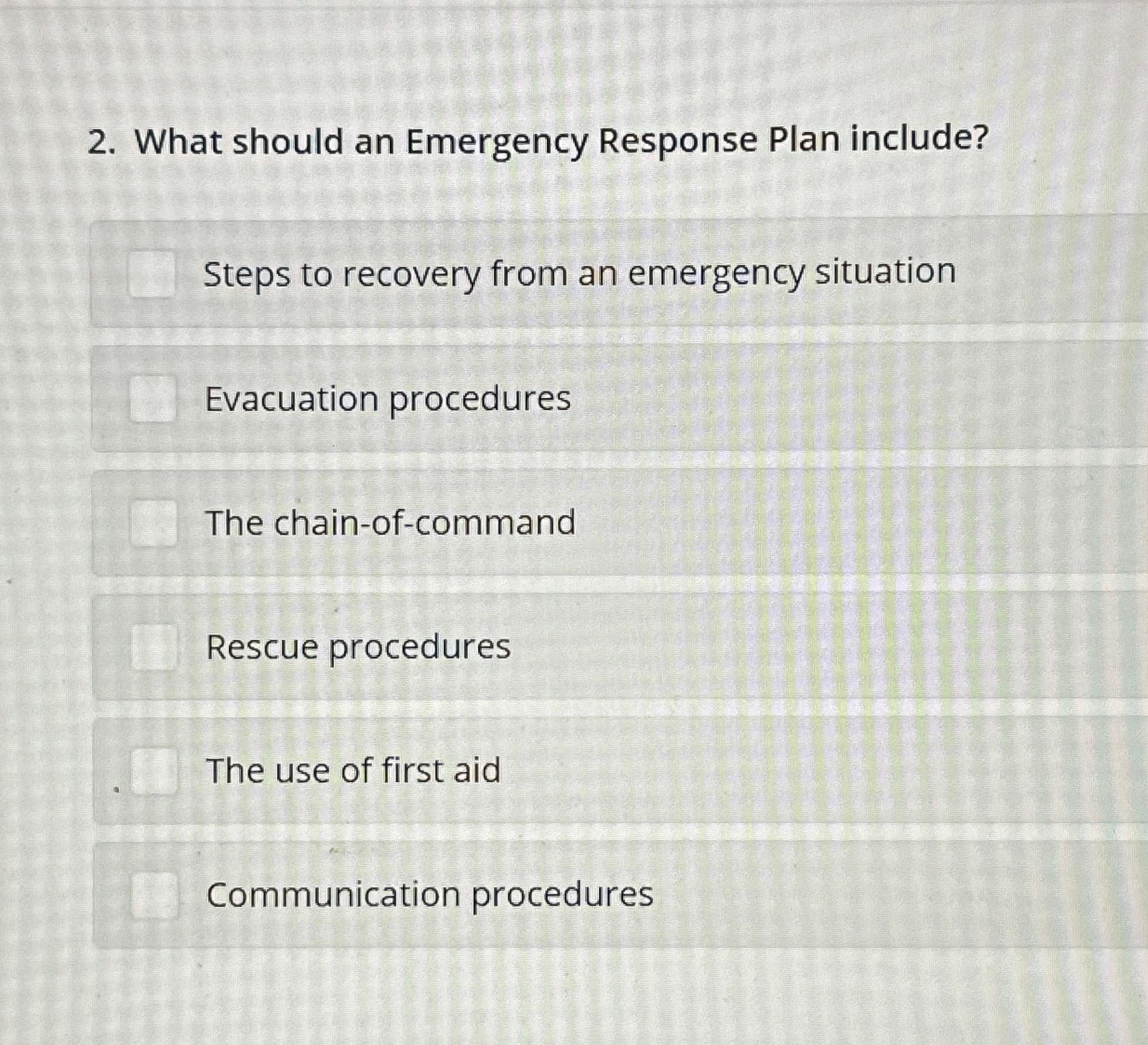 Solved What Should An Emergency Response Plan Include Steps Chegg