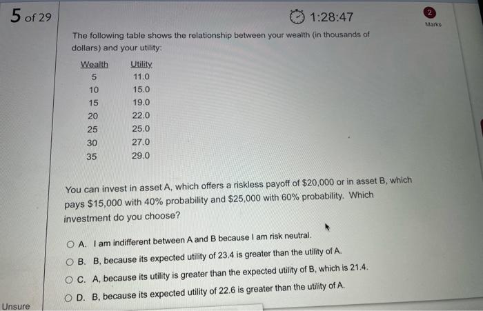 Solved 5 of 29 2 Marks 1:28:47 The following table shows the | Chegg.com
