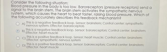 Blood pressure in the body is too low. Baroreceptors (pressure receptors) send a signal to the brain stem. The brain stem act