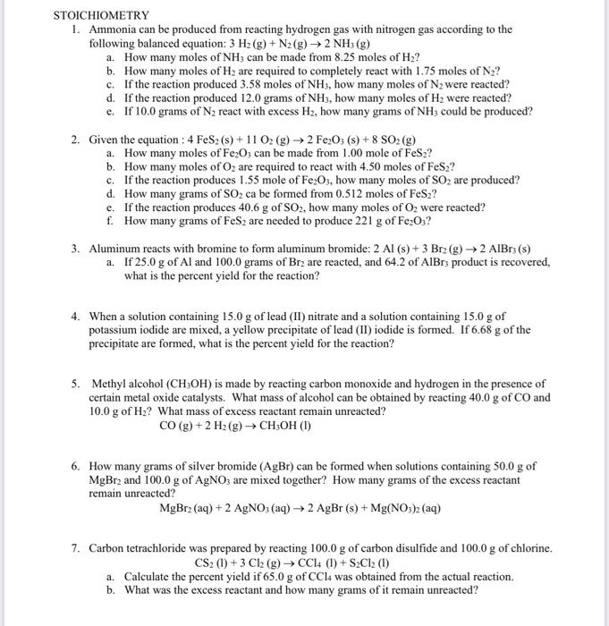 Solved STOICHIOMETRY 1. Ammonia can be produced from | Chegg.com