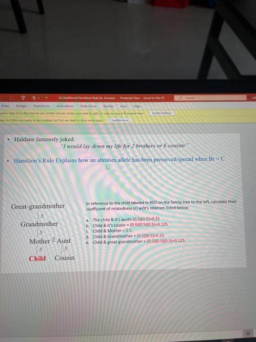 7. Using Hamilton's Rule, draw a family tree and | Chegg.com