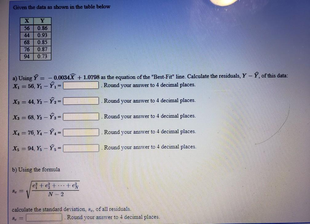Solved Given the data as shown in the table below х 56 44 68 | Chegg.com