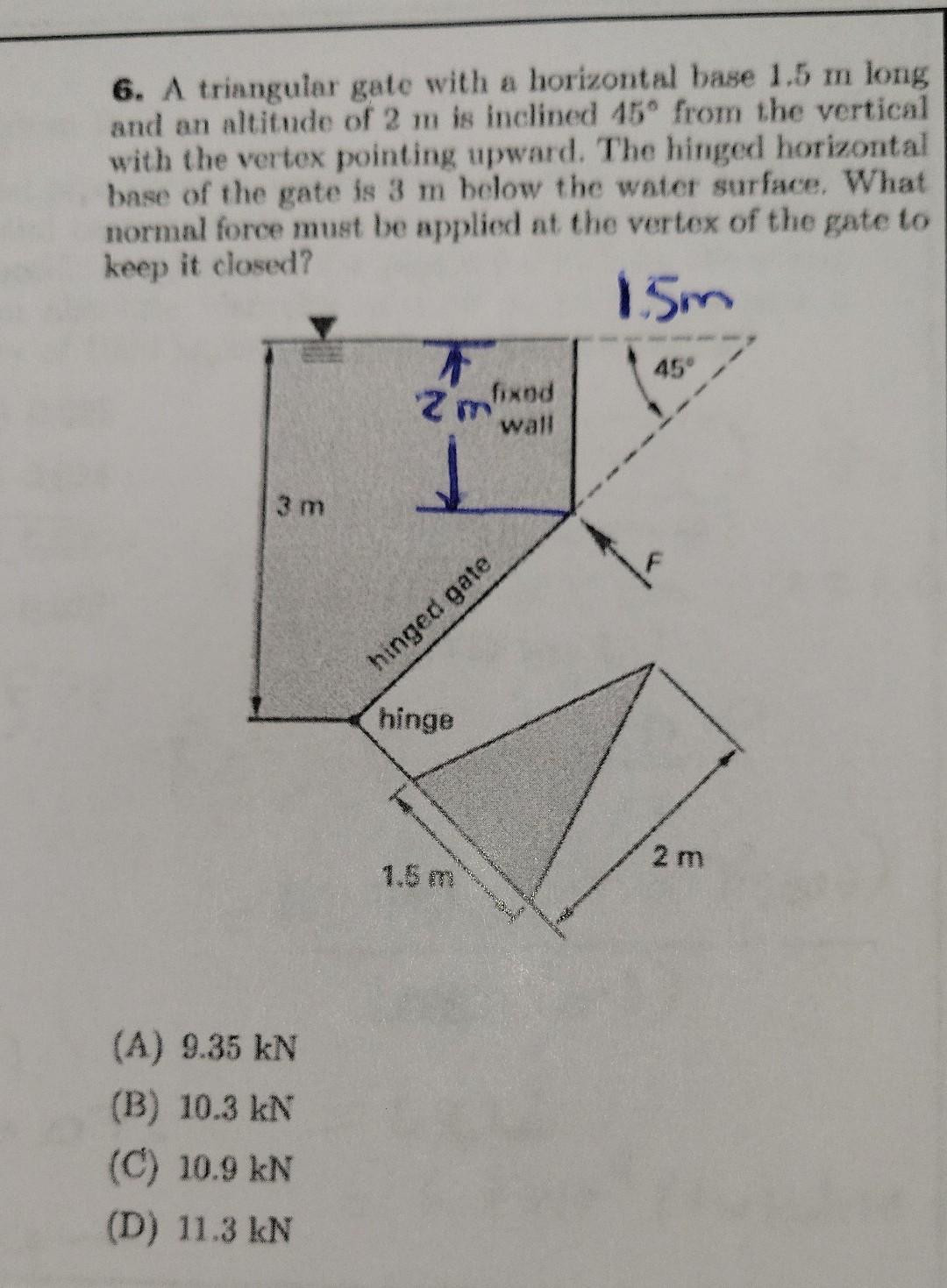 6. A triangular gate with a horizontal base 1.5 m long
and an altitude of 2 m is inclined 45° from the vertical
with the vert